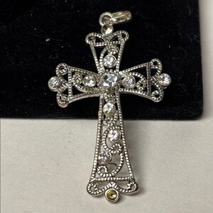 Ornate Silver Cross Pendant with Clean Rhinestones